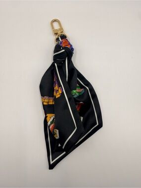 Black Silk Scarf Keychain with Colorful Print
